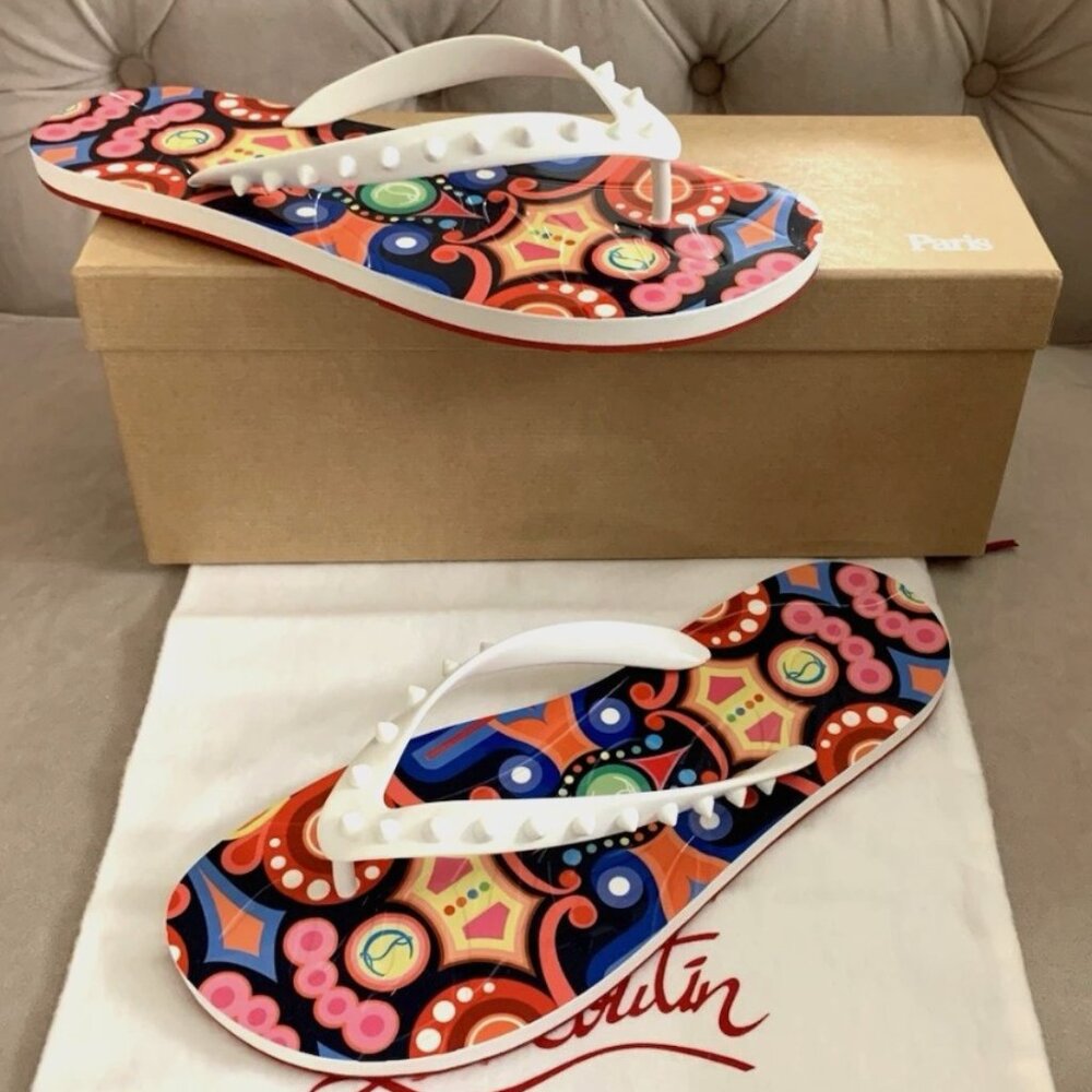 Christian Louboutin Men Lettering Loubi Flip Flops Slides, White, Sz 43, 45, 46
